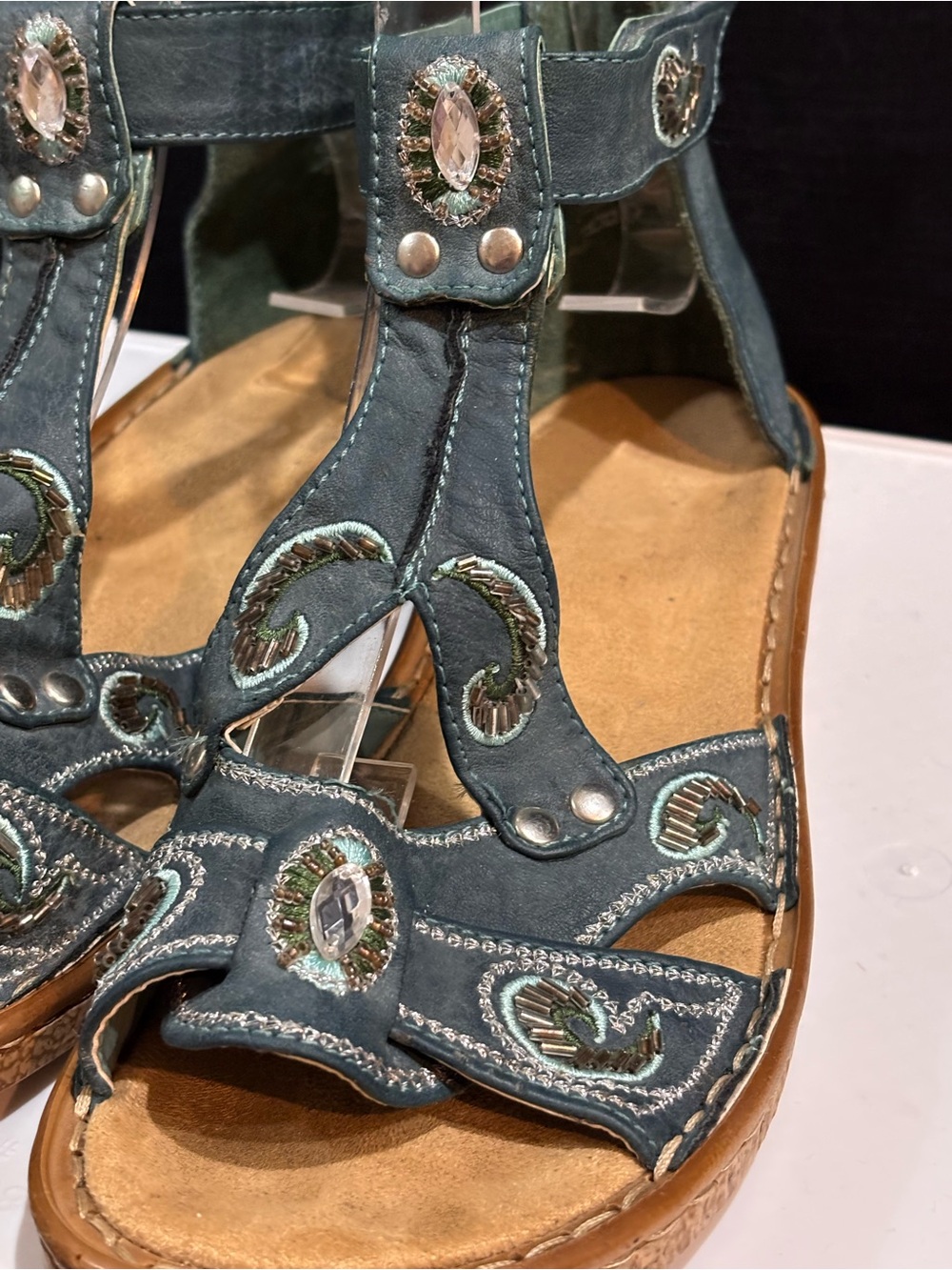 RIEKER Embellished Leather Comfort Sandal–EU 37 / US 6.5-7 – Blue Boho T-Strap - Picture 7 of 12